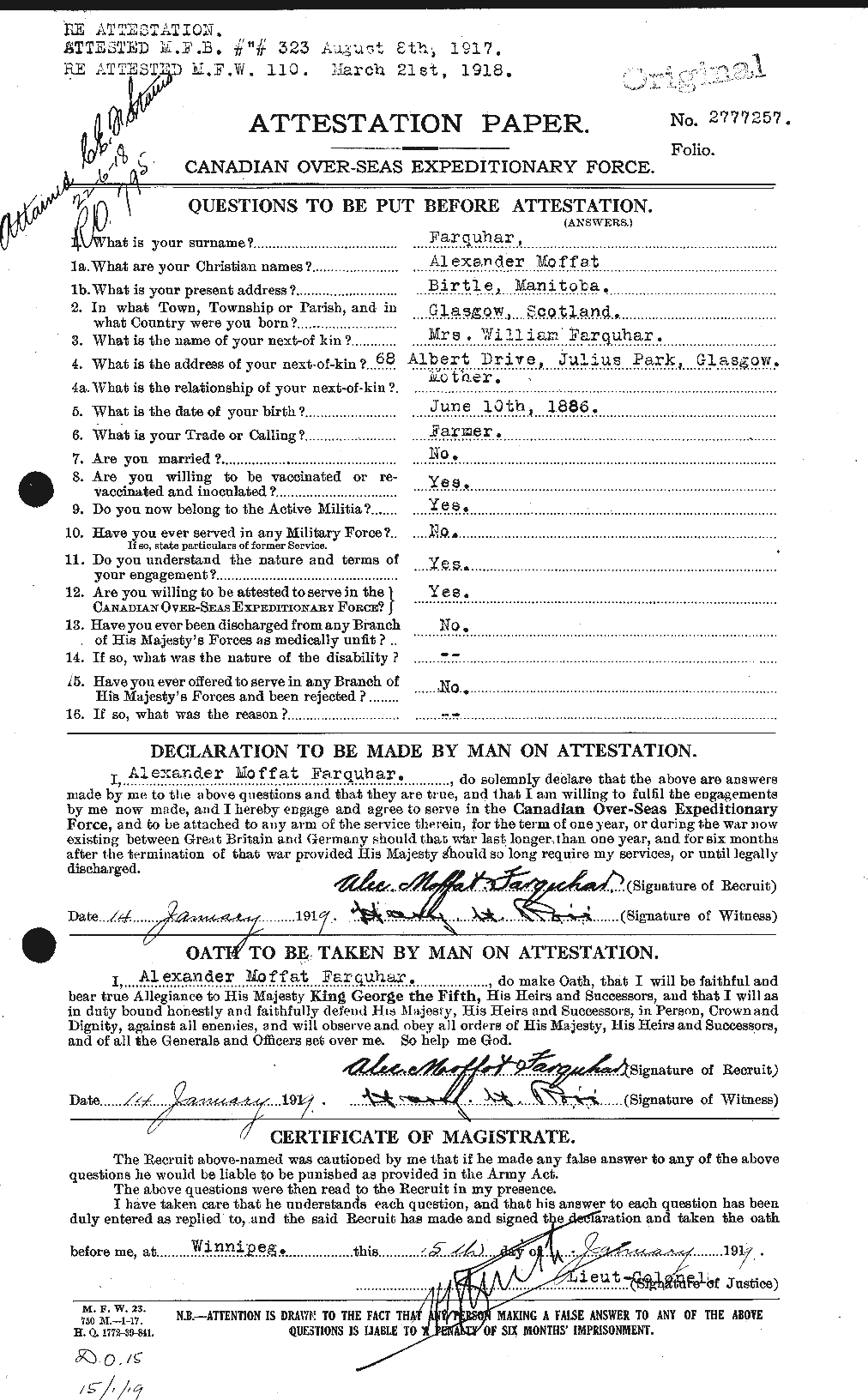 Dossiers du Personnel de la Première Guerre mondiale - CEC 318759a