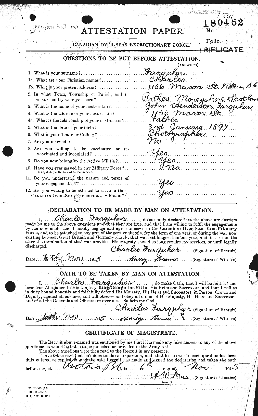 Dossiers du Personnel de la Première Guerre mondiale - CEC 318765a