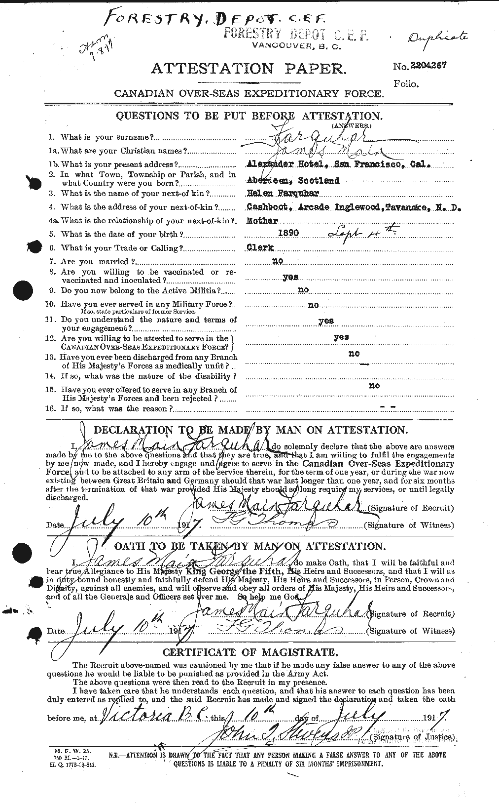 Dossiers du Personnel de la Première Guerre mondiale - CEC 318777a