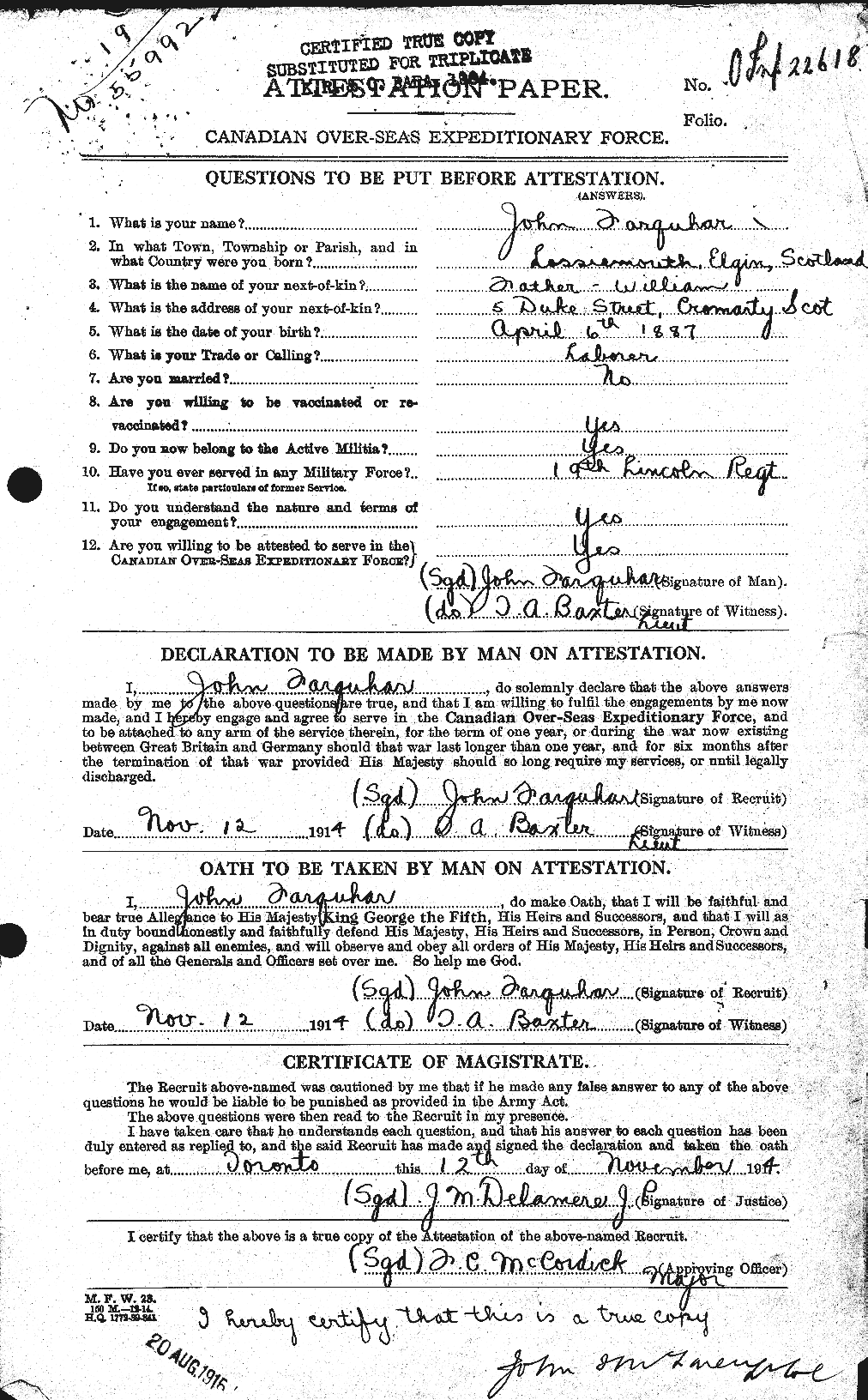 Dossiers du Personnel de la Première Guerre mondiale - CEC 318778a