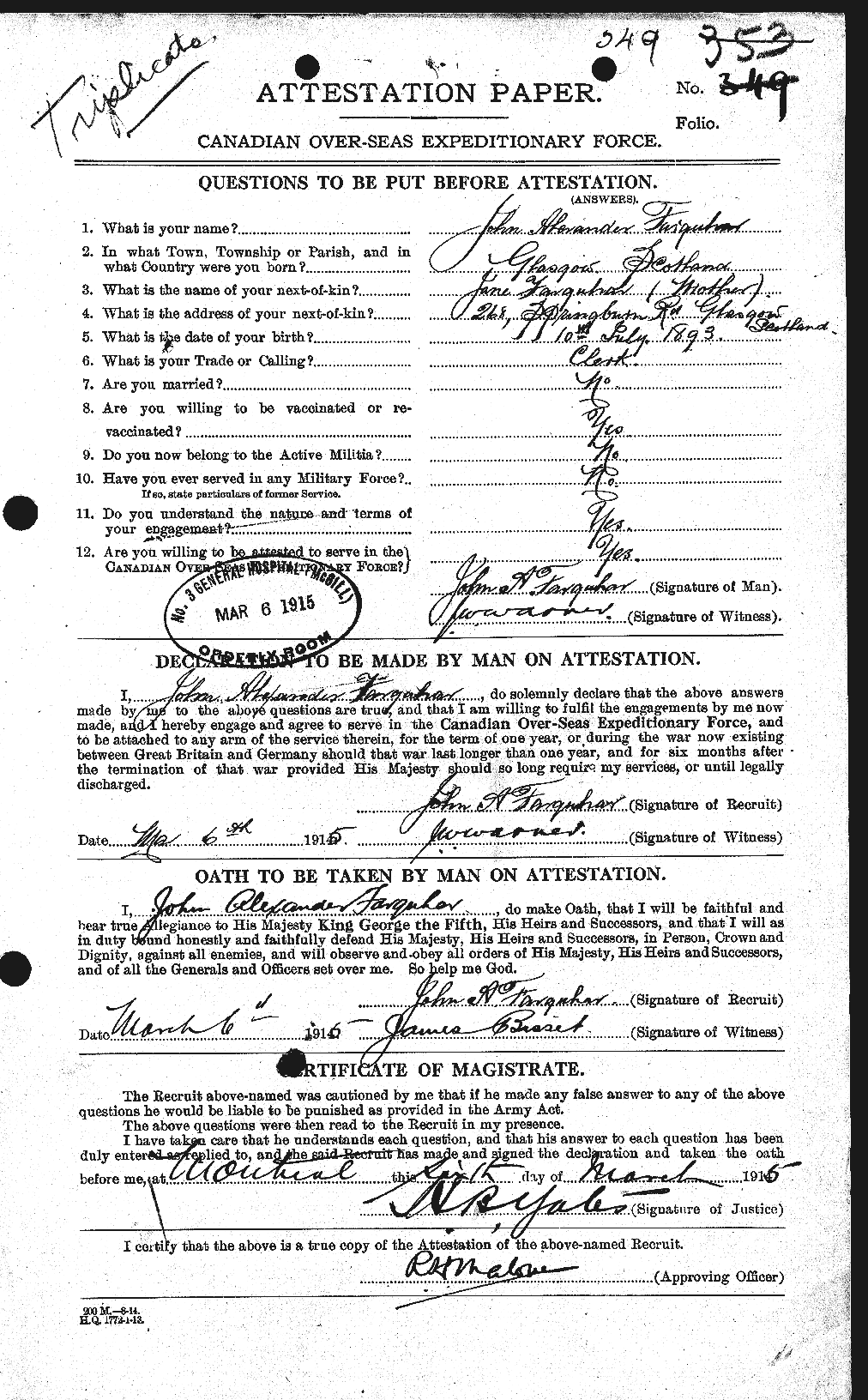 Dossiers du Personnel de la Première Guerre mondiale - CEC 318780a