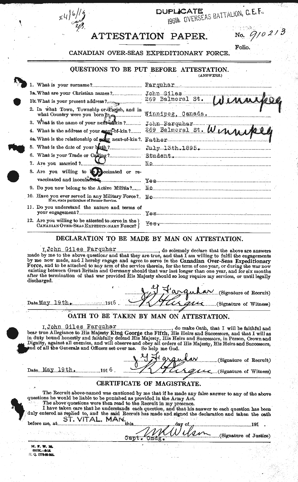 Dossiers du Personnel de la Première Guerre mondiale - CEC 318782a