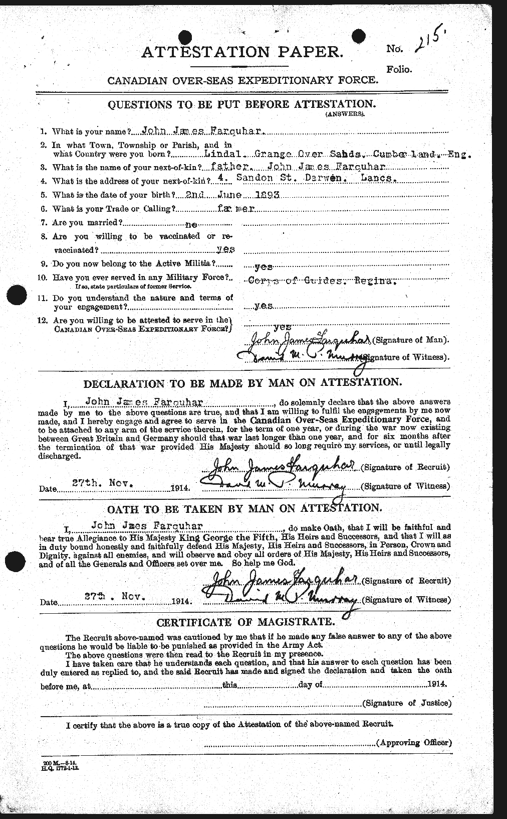 Dossiers du Personnel de la Première Guerre mondiale - CEC 318784a
