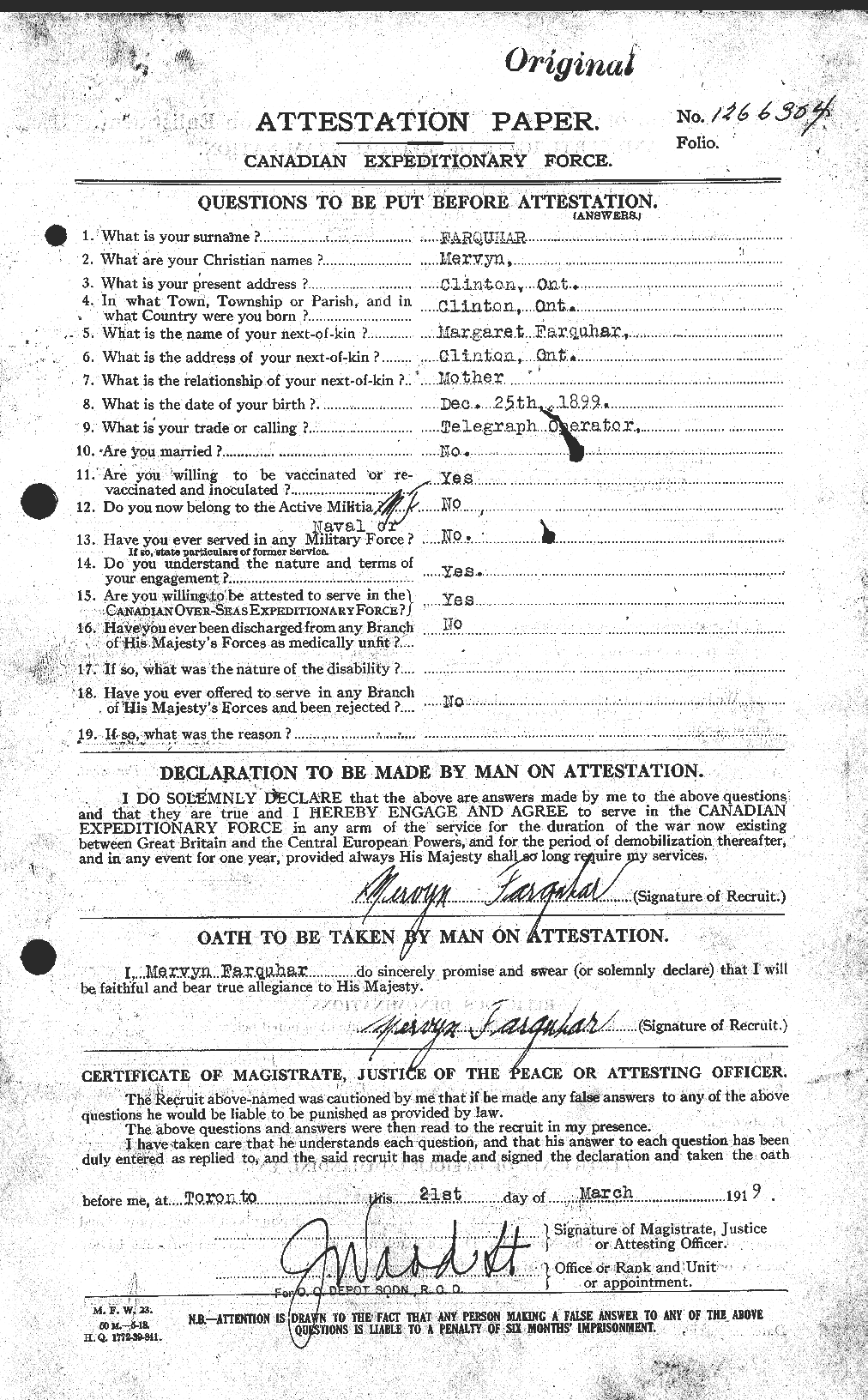 Dossiers du Personnel de la Première Guerre mondiale - CEC 318790a