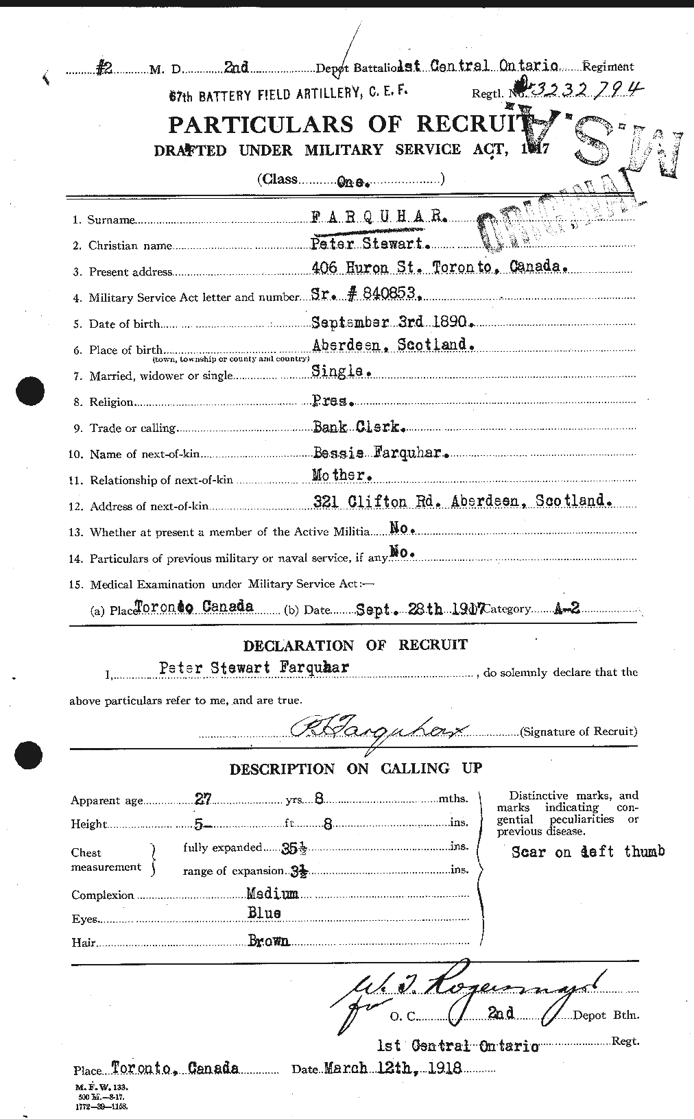 Dossiers du Personnel de la Première Guerre mondiale - CEC 318791a