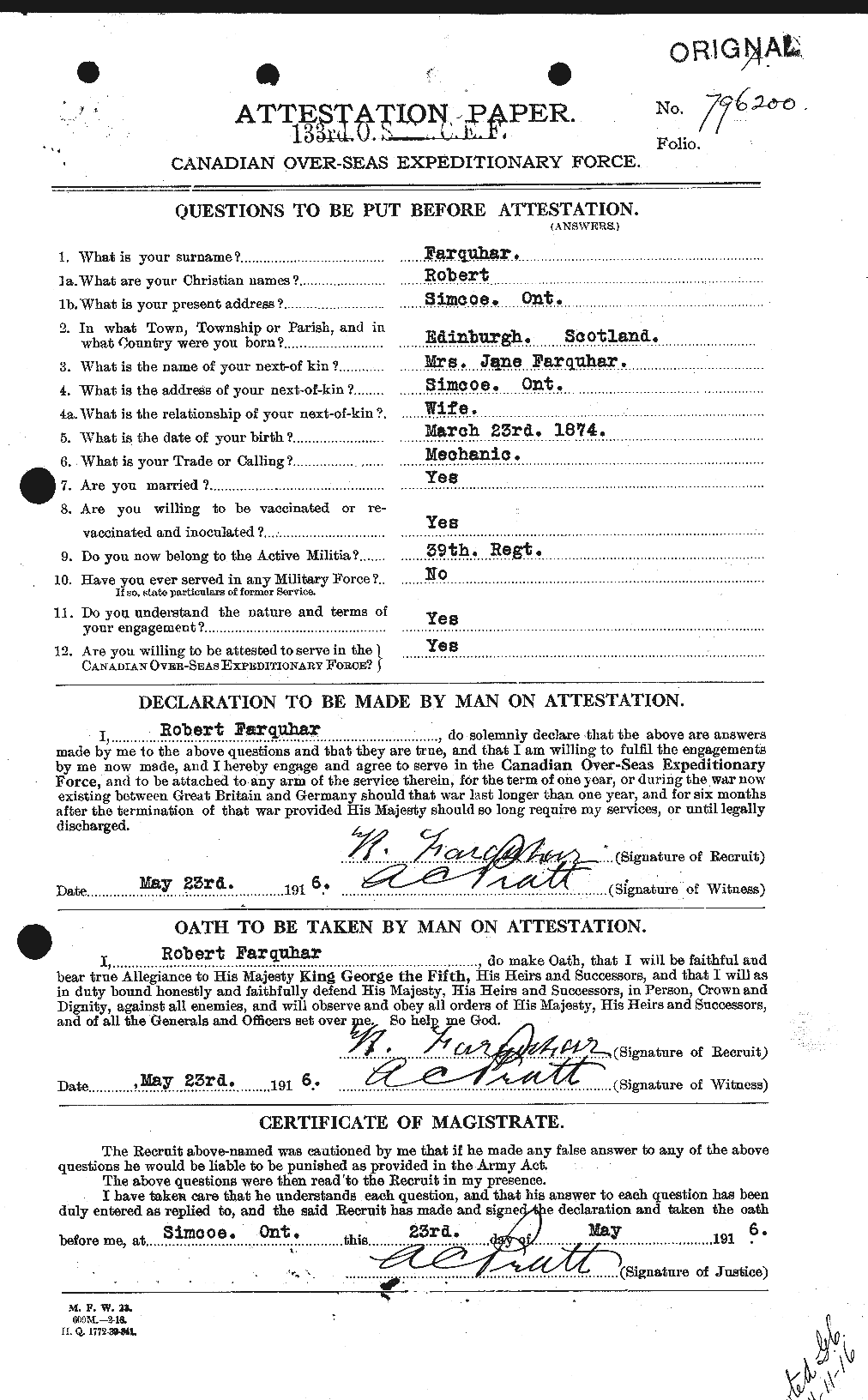 Dossiers du Personnel de la Première Guerre mondiale - CEC 318793a