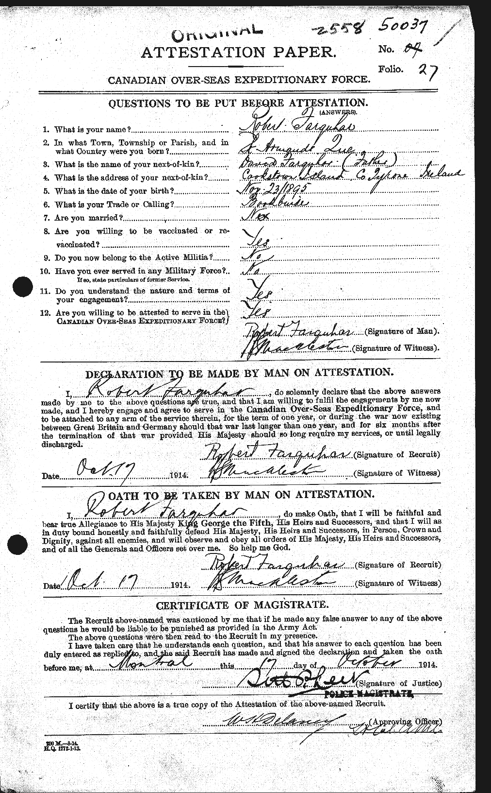 Dossiers du Personnel de la Première Guerre mondiale - CEC 318795a