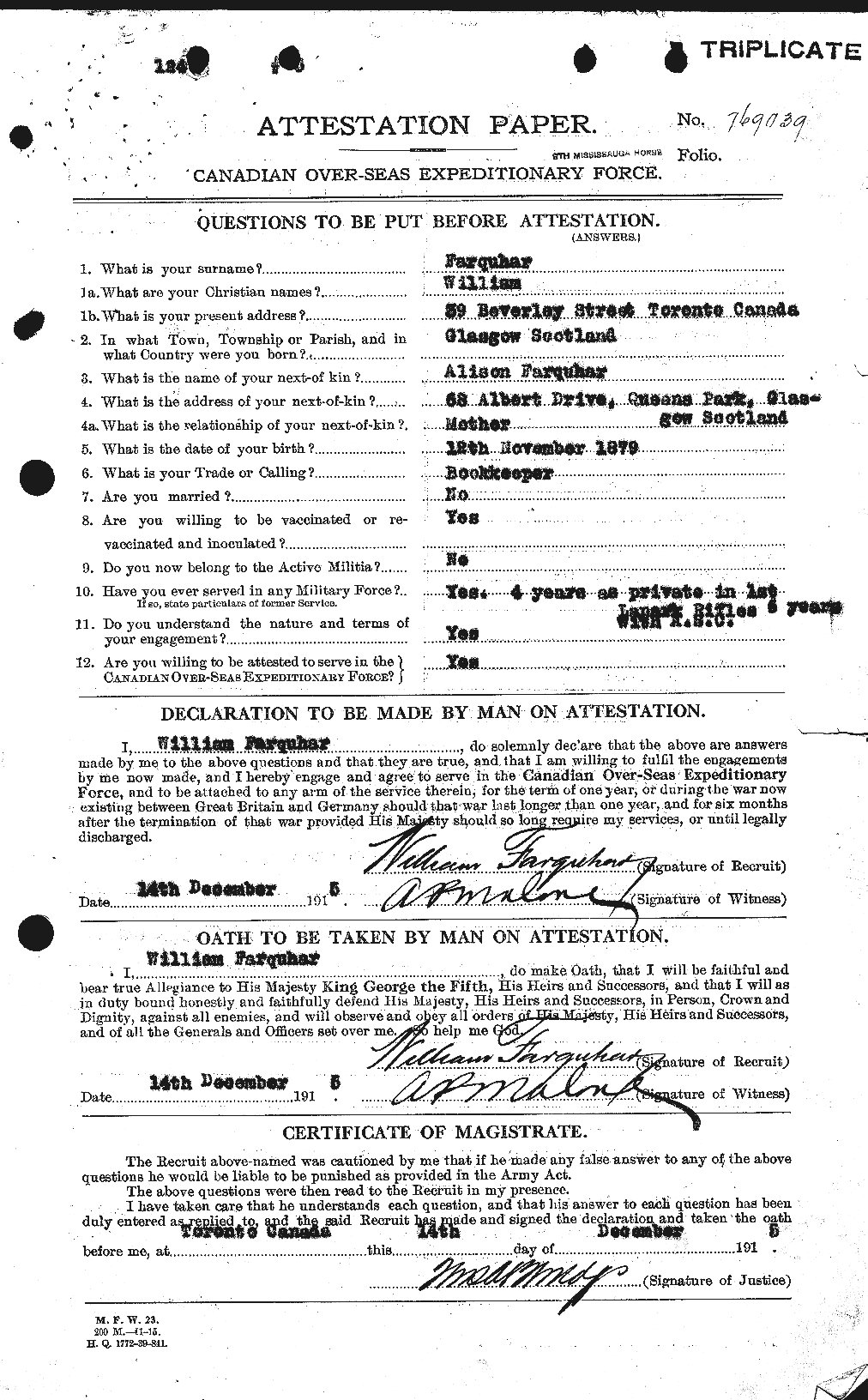 Dossiers du Personnel de la Première Guerre mondiale - CEC 319282a