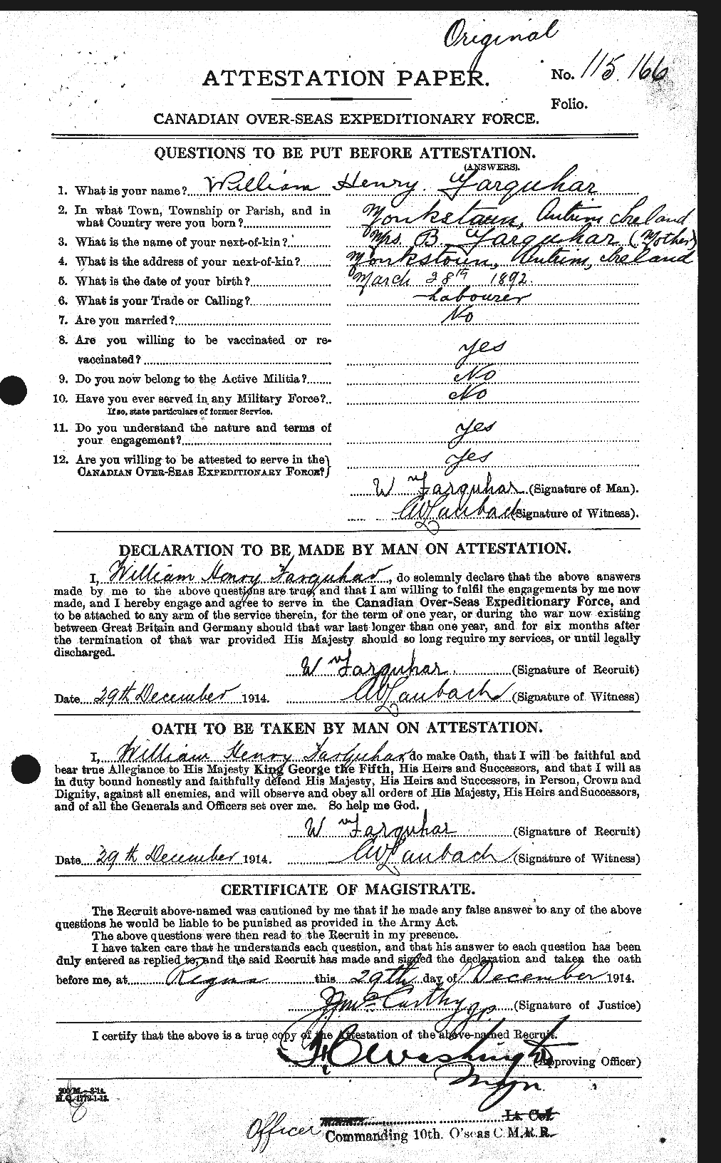 Dossiers du Personnel de la Première Guerre mondiale - CEC 319285a