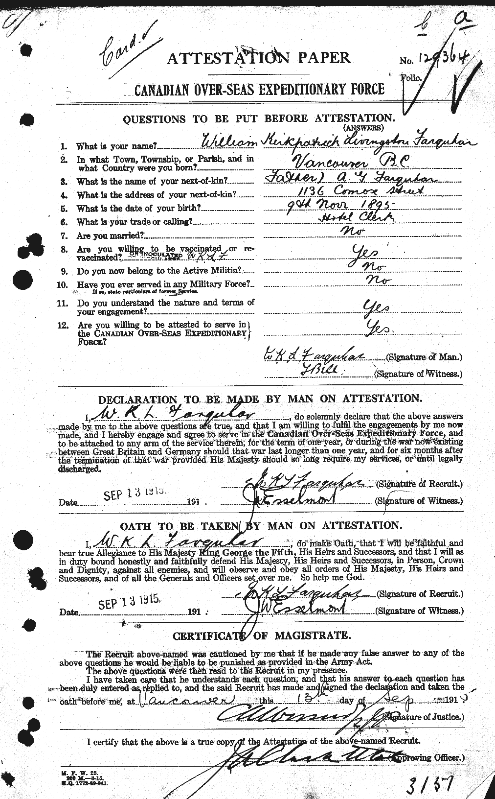 Dossiers du Personnel de la Première Guerre mondiale - CEC 319287a