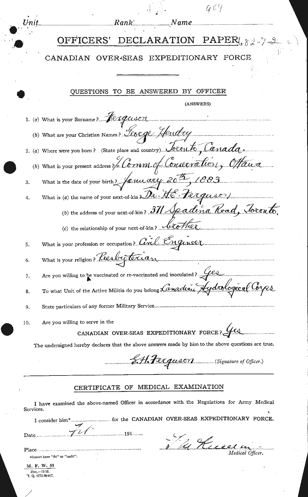 Dossiers du Personnel de la Première Guerre mondiale - CEC 320139a