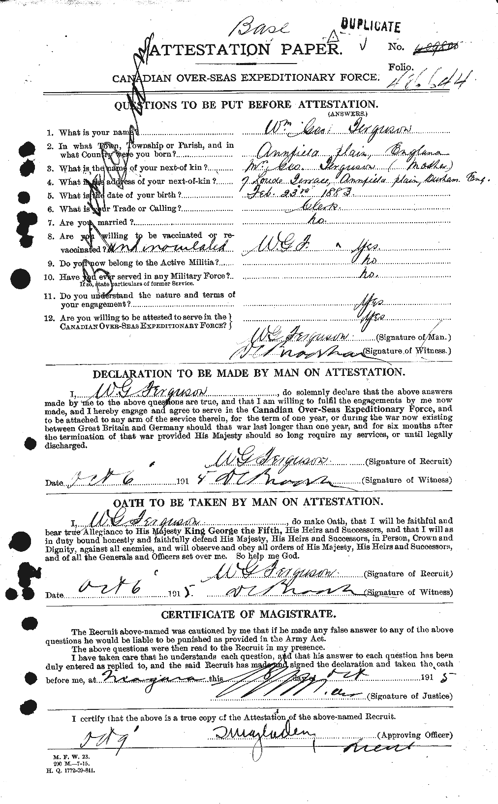 Dossiers du Personnel de la Première Guerre mondiale - CEC 322098a