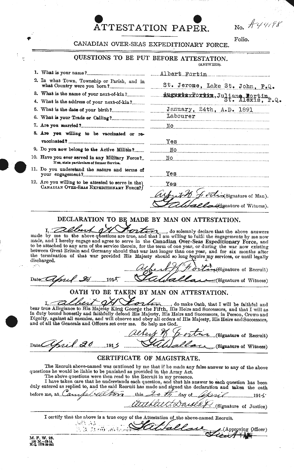 Dossiers du Personnel de la Première Guerre mondiale - CEC 333639a