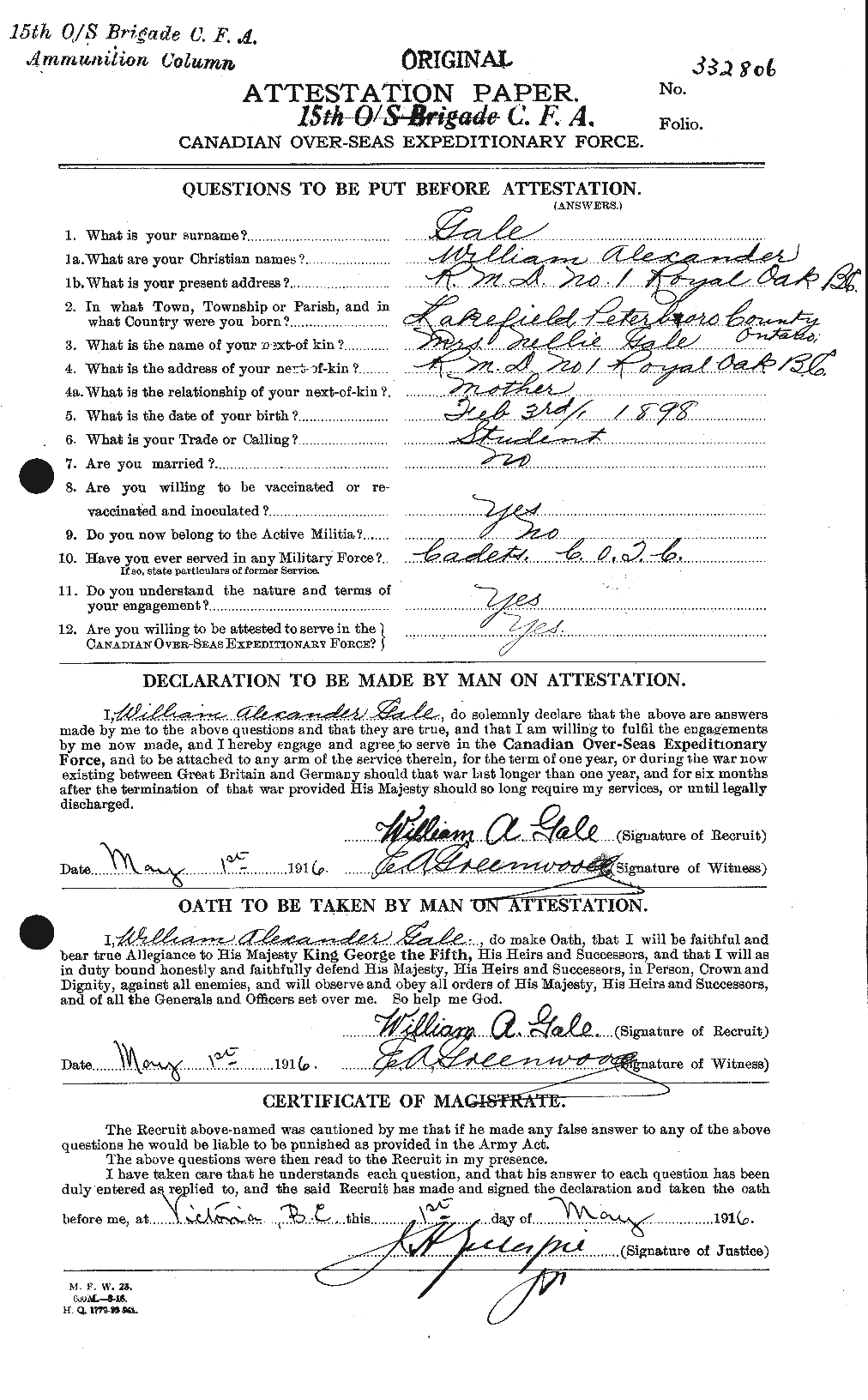 Dossiers du Personnel de la Première Guerre mondiale - CEC 345433a