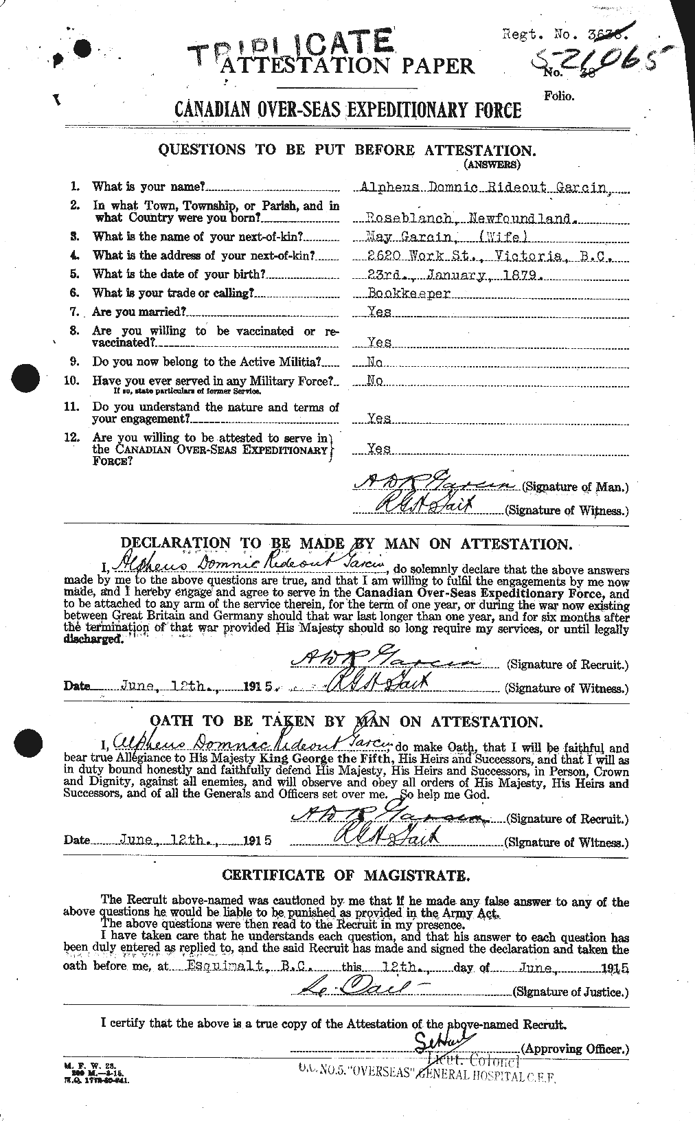 Dossiers du Personnel de la Première Guerre mondiale - CEC 345799a