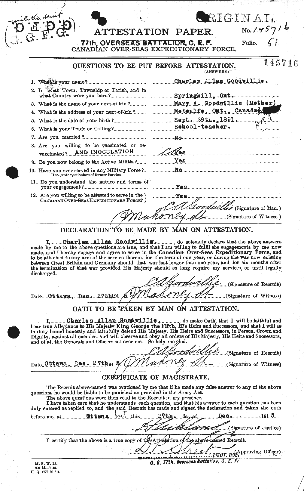 Dossiers du Personnel de la Première Guerre mondiale - CEC 357912a