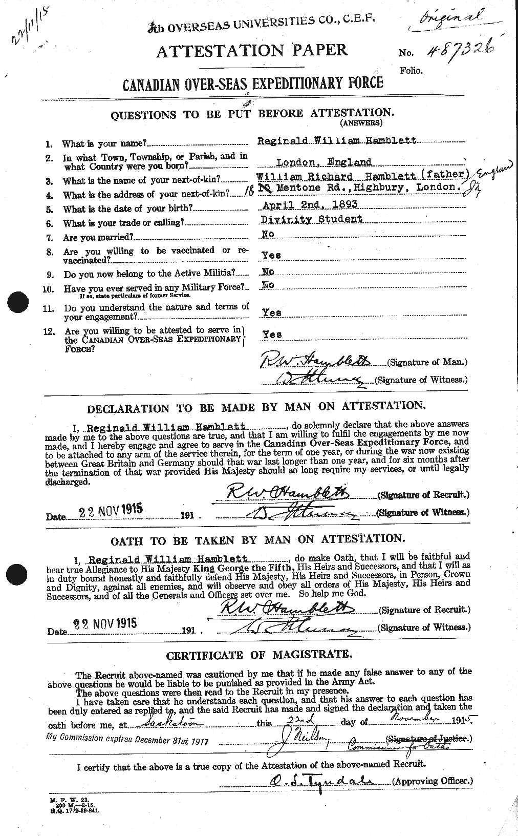 Dossiers du Personnel de la Première Guerre mondiale - CEC 373777a