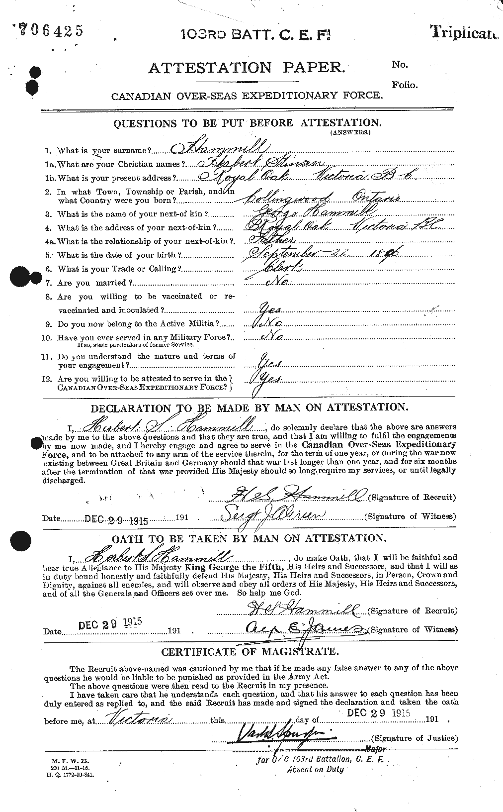 Dossiers du Personnel de la Première Guerre mondiale - CEC 376300a