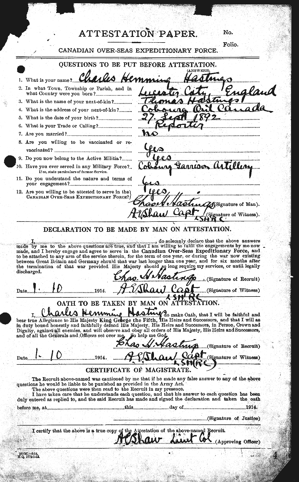 Dossiers du Personnel de la Première Guerre mondiale - CEC 387054a