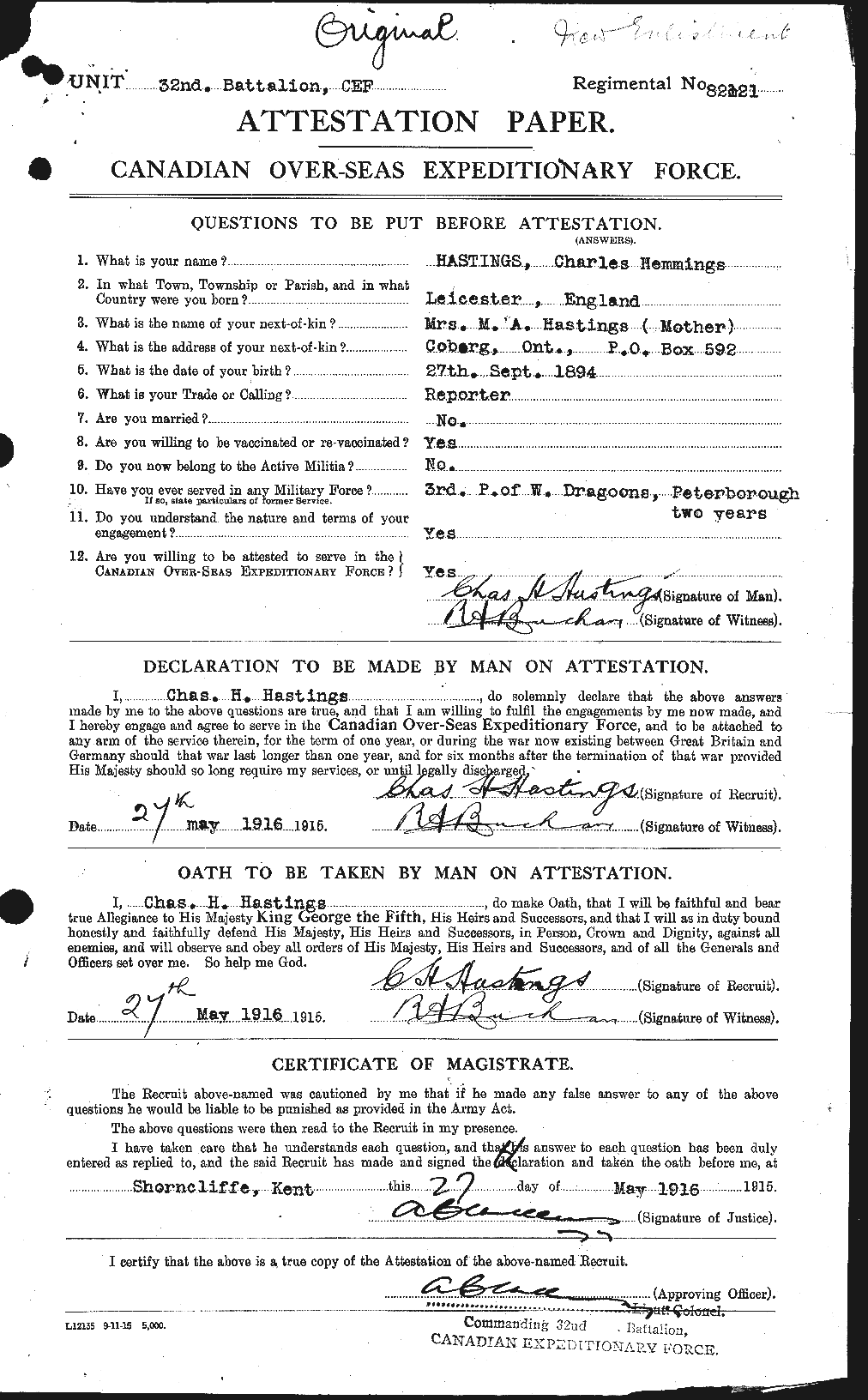 Dossiers du Personnel de la Première Guerre mondiale - CEC 387055a