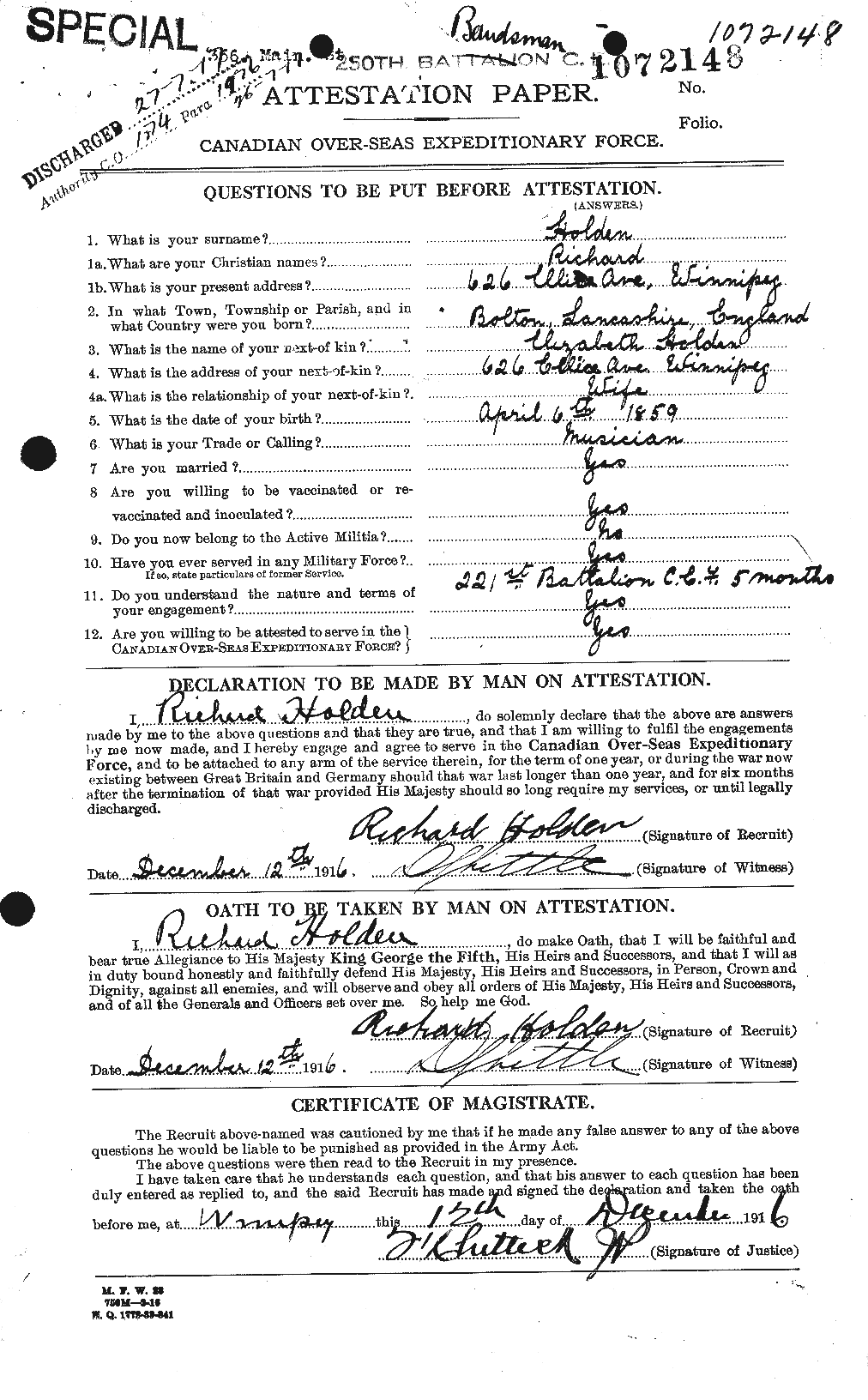 Dossiers du Personnel de la Première Guerre mondiale - CEC 398060a