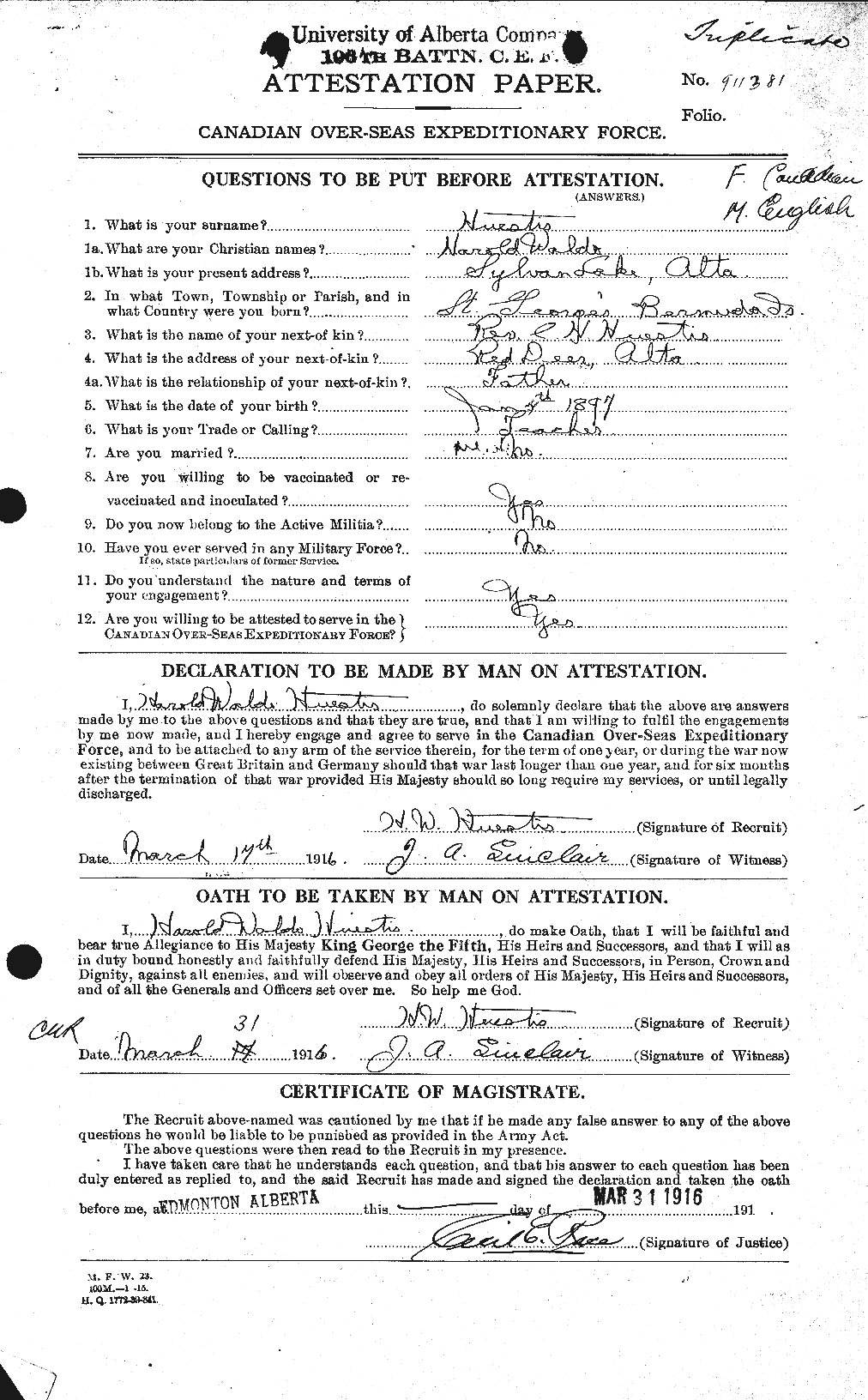Dossiers du Personnel de la Première Guerre mondiale - CEC 399173a