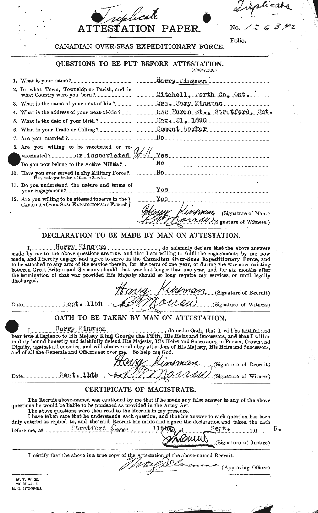 Dossiers du Personnel de la Première Guerre mondiale - CEC 437045a