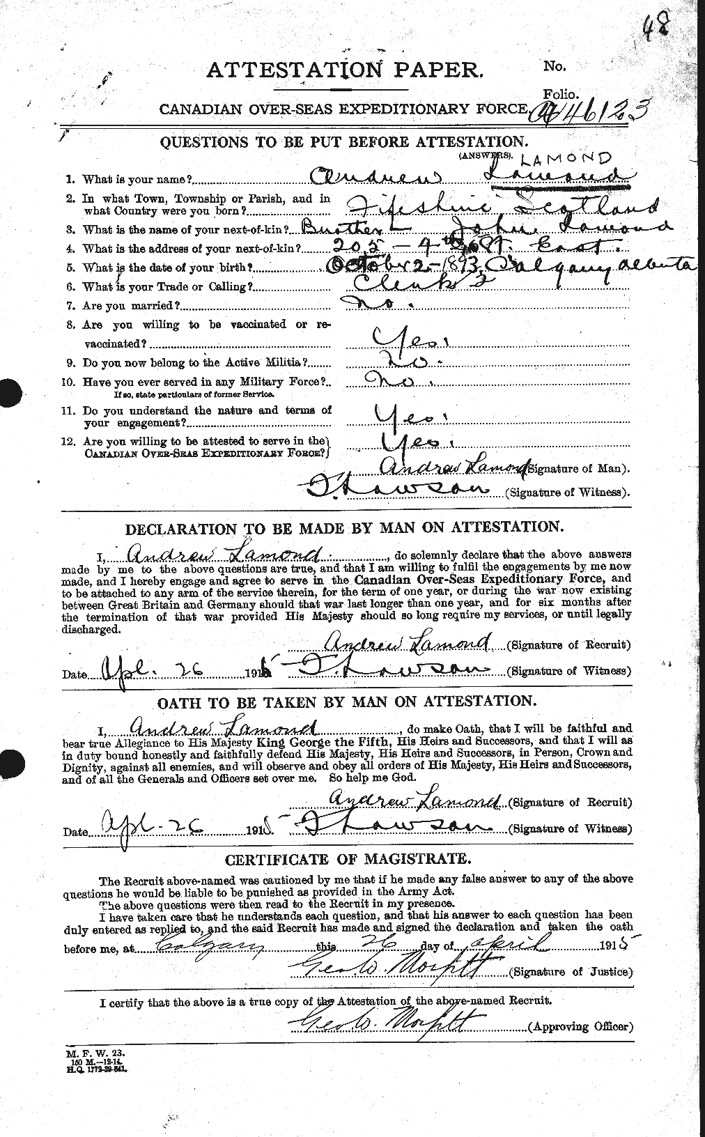 Dossiers du Personnel de la Première Guerre mondiale - CEC 446073a