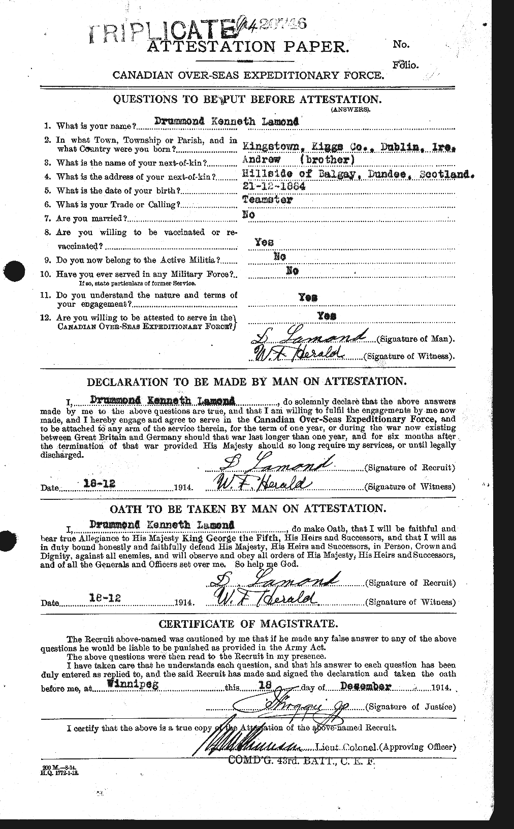 Dossiers du Personnel de la Première Guerre mondiale - CEC 446076a