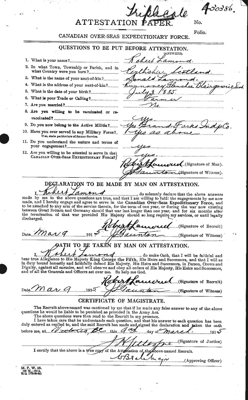 Dossiers du Personnel de la Première Guerre mondiale - CEC 446087a