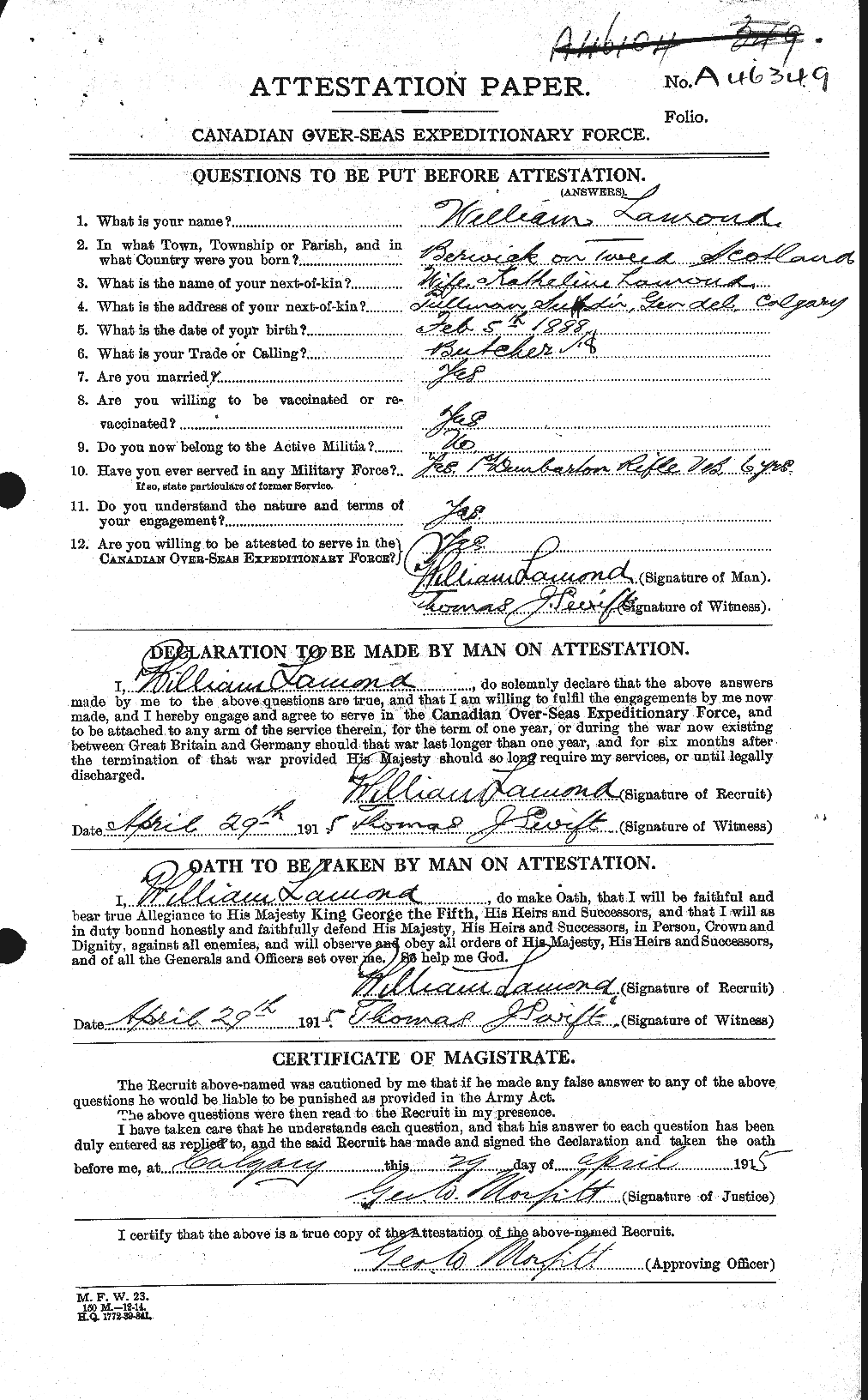 Dossiers du Personnel de la Première Guerre mondiale - CEC 446091a