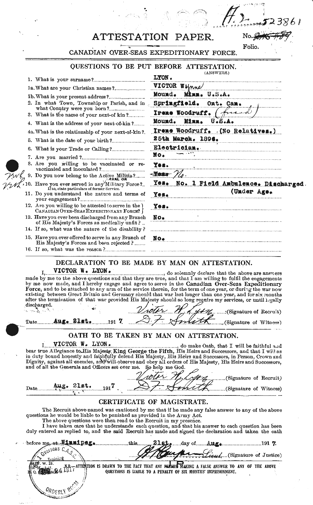 Dossiers du Personnel de la Première Guerre mondiale - CEC 472976a