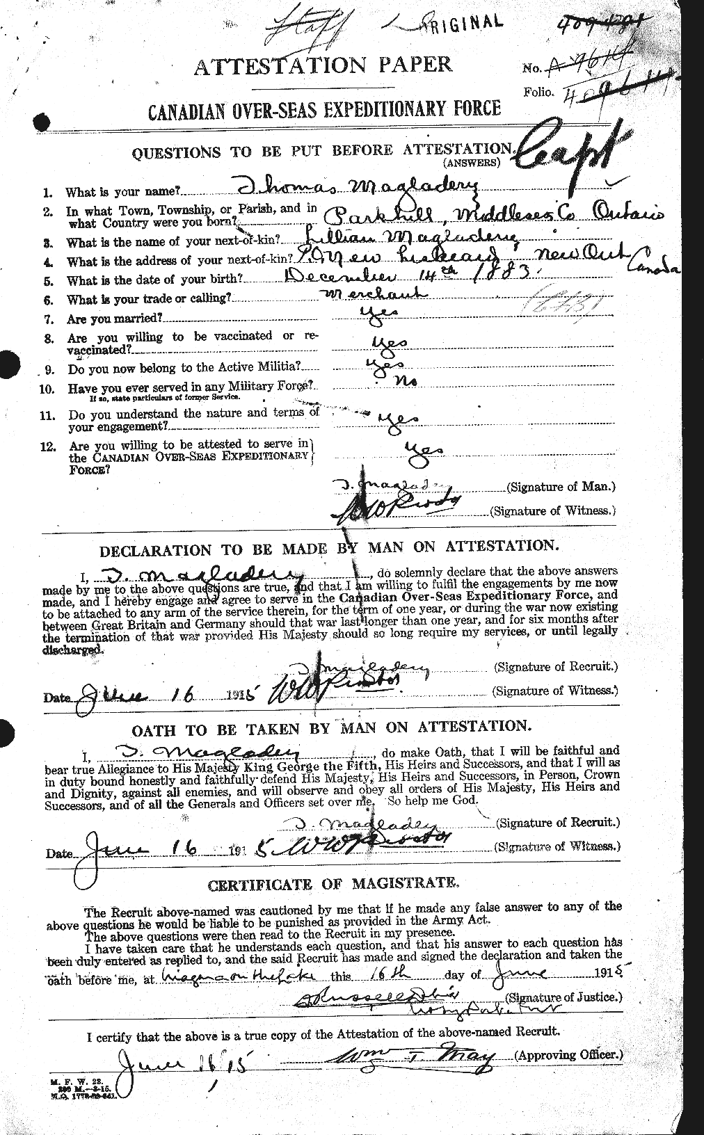 Dossiers du Personnel de la Première Guerre mondiale - CEC 481670a