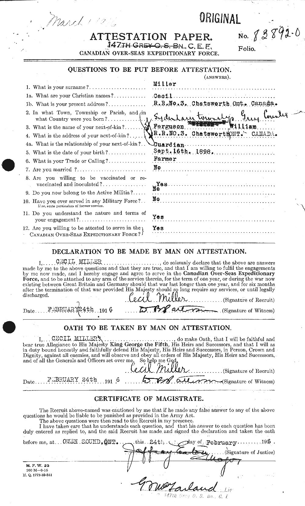 Dossiers du Personnel de la Première Guerre mondiale - CEC 498765a