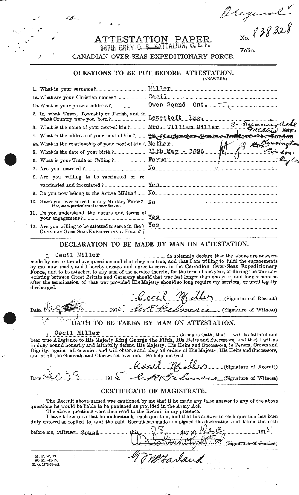 Dossiers du Personnel de la Première Guerre mondiale - CEC 498768a