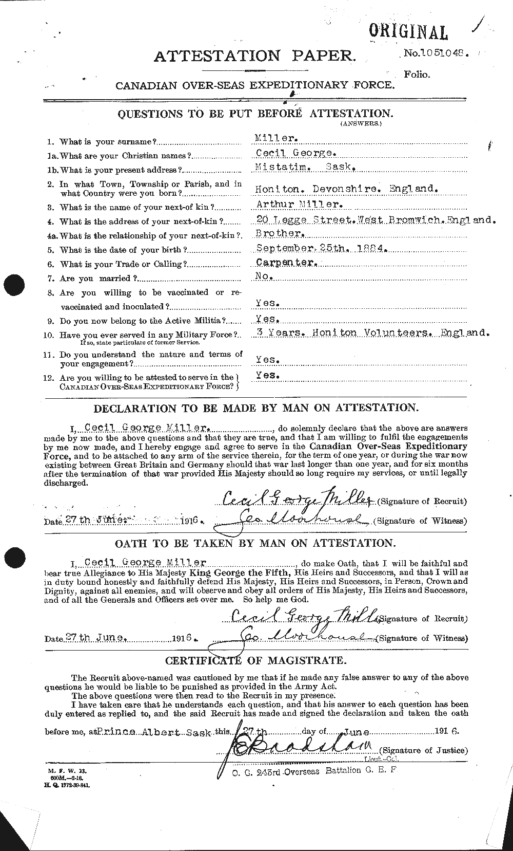 Dossiers du Personnel de la Première Guerre mondiale - CEC 498774a