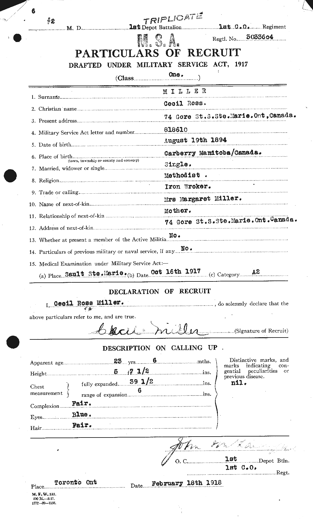Dossiers du Personnel de la Première Guerre mondiale - CEC 498776a