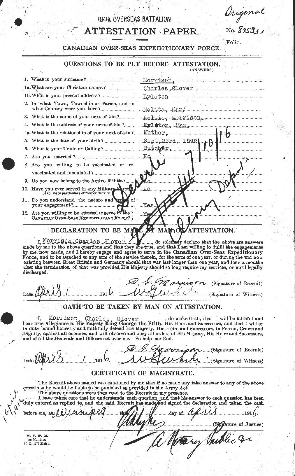 Dossiers du Personnel de la Première Guerre mondiale - CEC 505361a