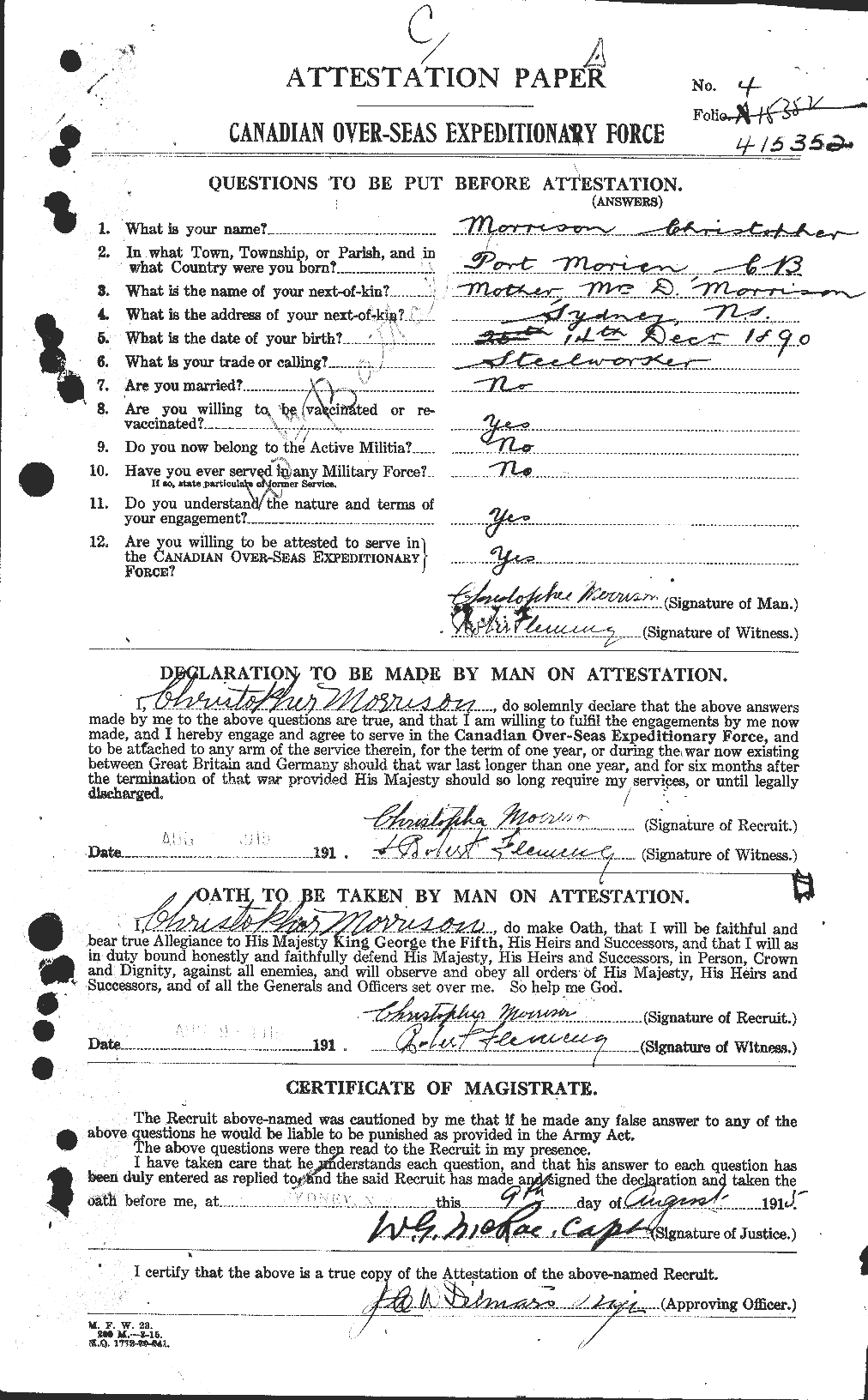 Dossiers du Personnel de la Première Guerre mondiale - CEC 505372a