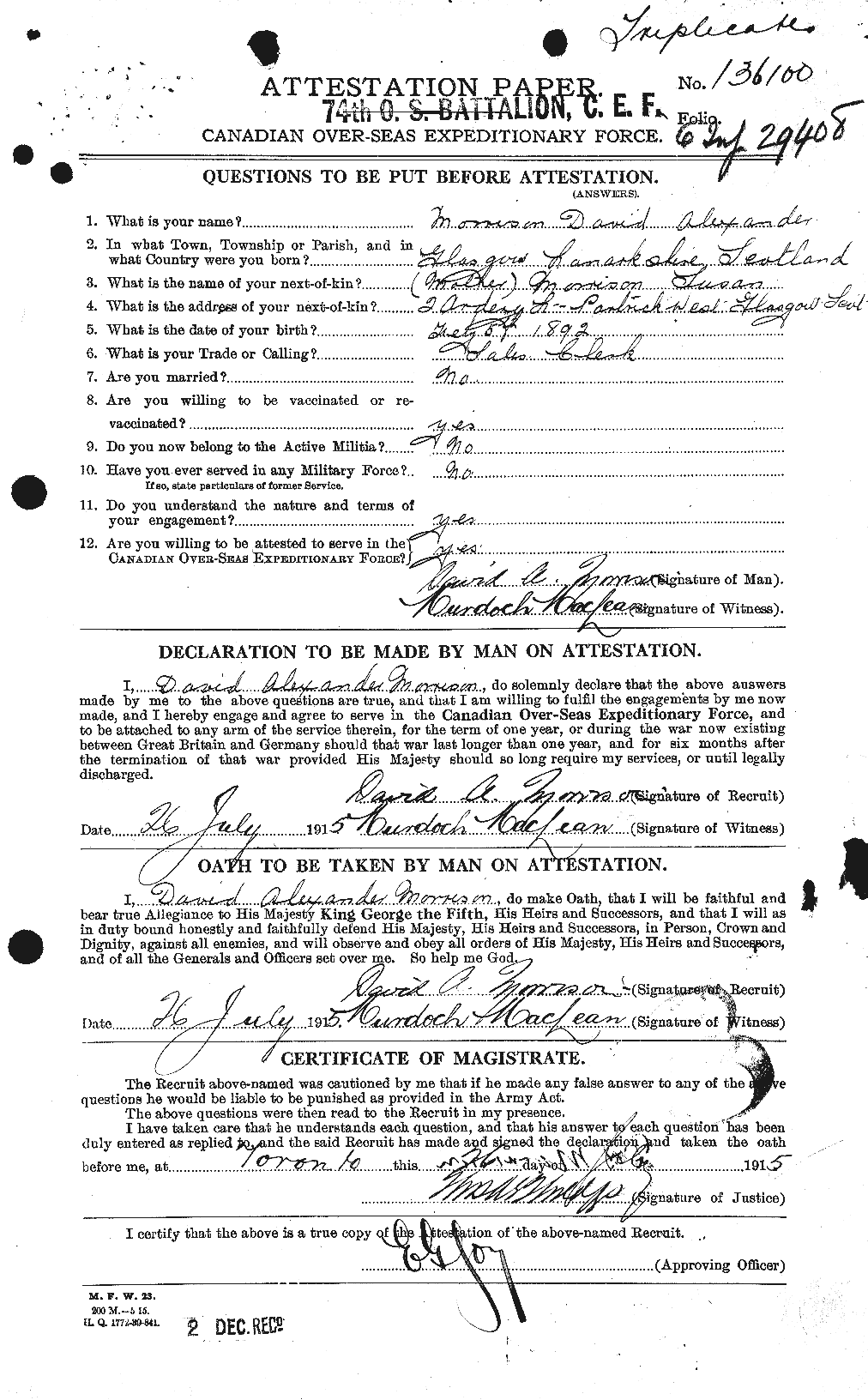 Dossiers du Personnel de la Première Guerre mondiale - CEC 505425a