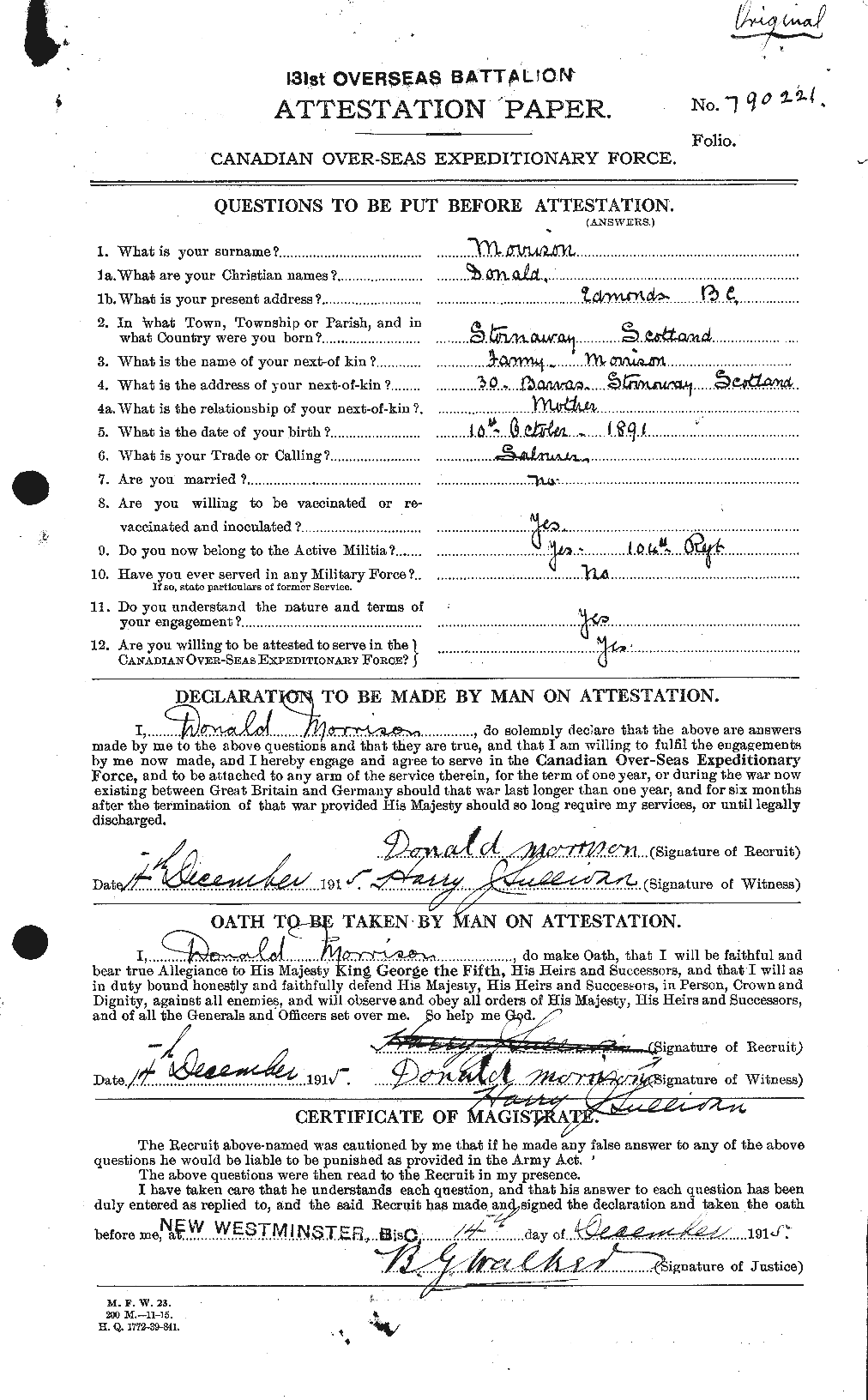 Dossiers du Personnel de la Première Guerre mondiale - CEC 505431a