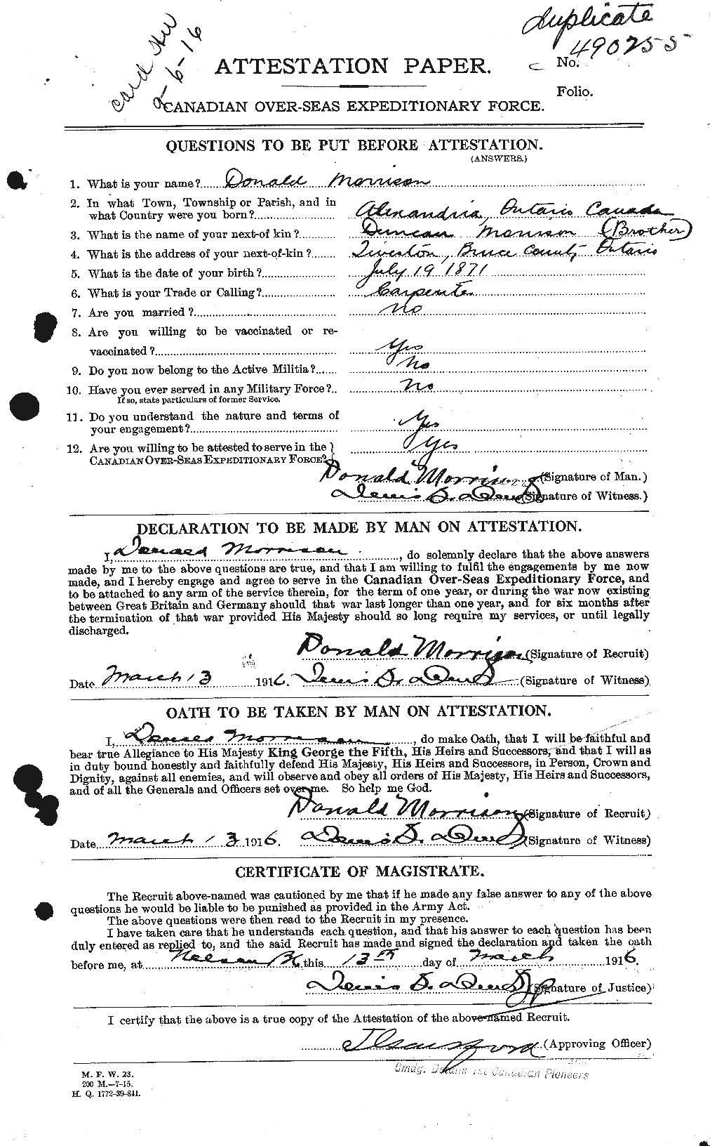 Dossiers du Personnel de la Première Guerre mondiale - CEC 505432a