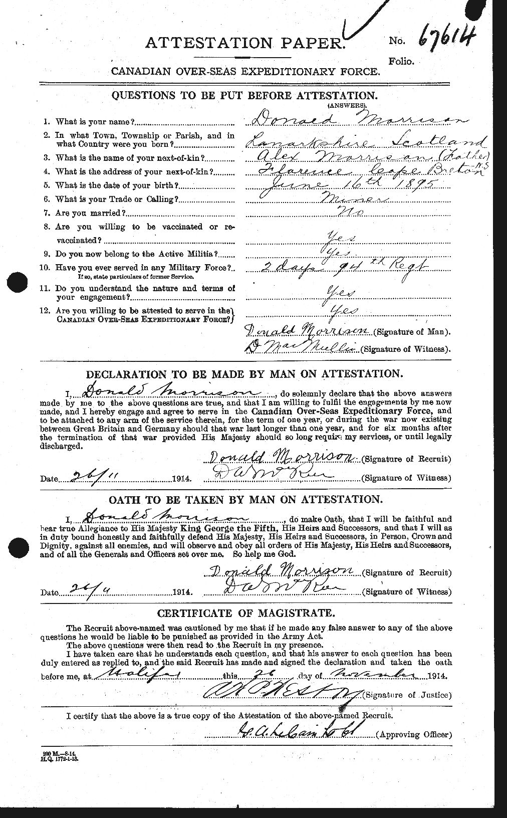 Dossiers du Personnel de la Première Guerre mondiale - CEC 505437a