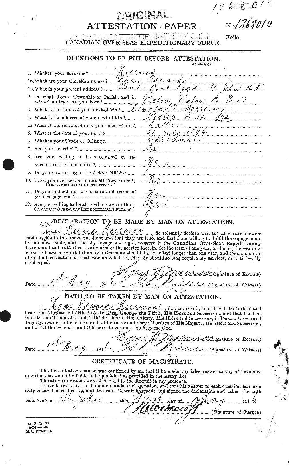 Dossiers du Personnel de la Première Guerre mondiale - CEC 505488a