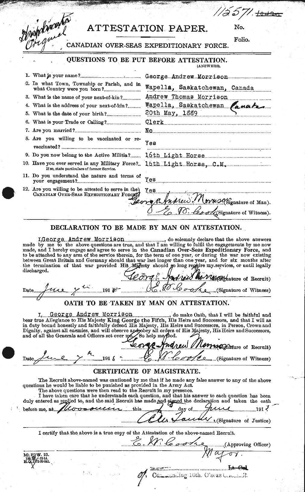 Dossiers du Personnel de la Première Guerre mondiale - CEC 506800a