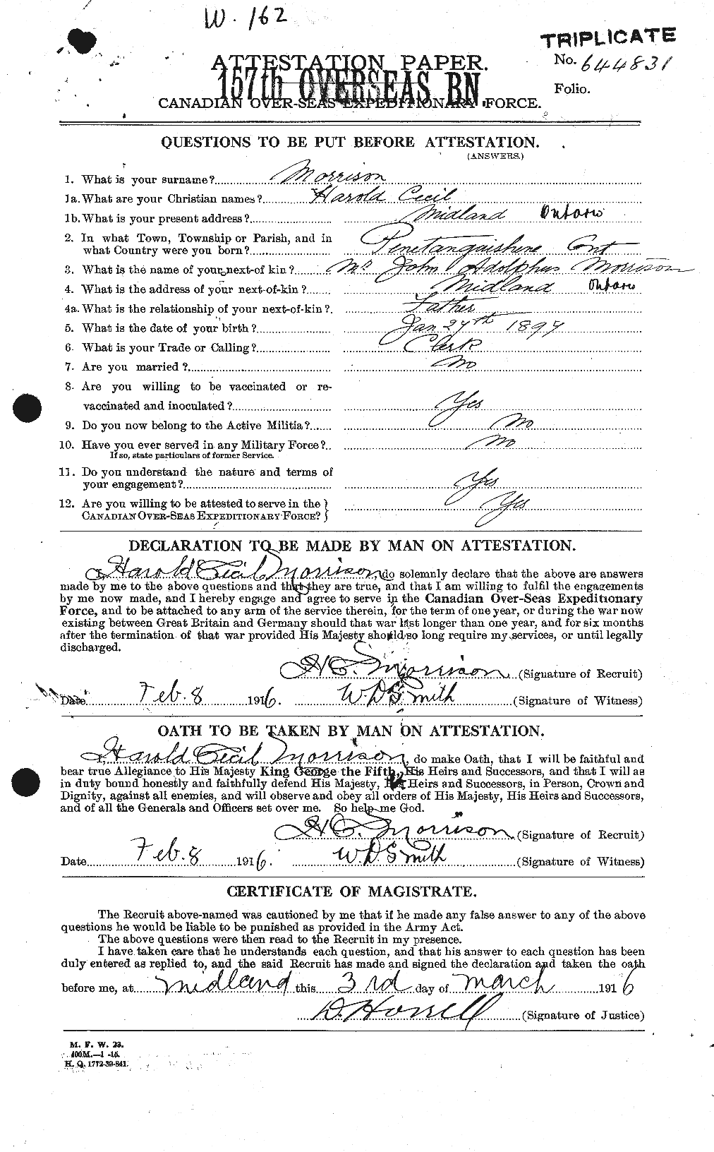 Dossiers du Personnel de la Première Guerre mondiale - CEC 506839a