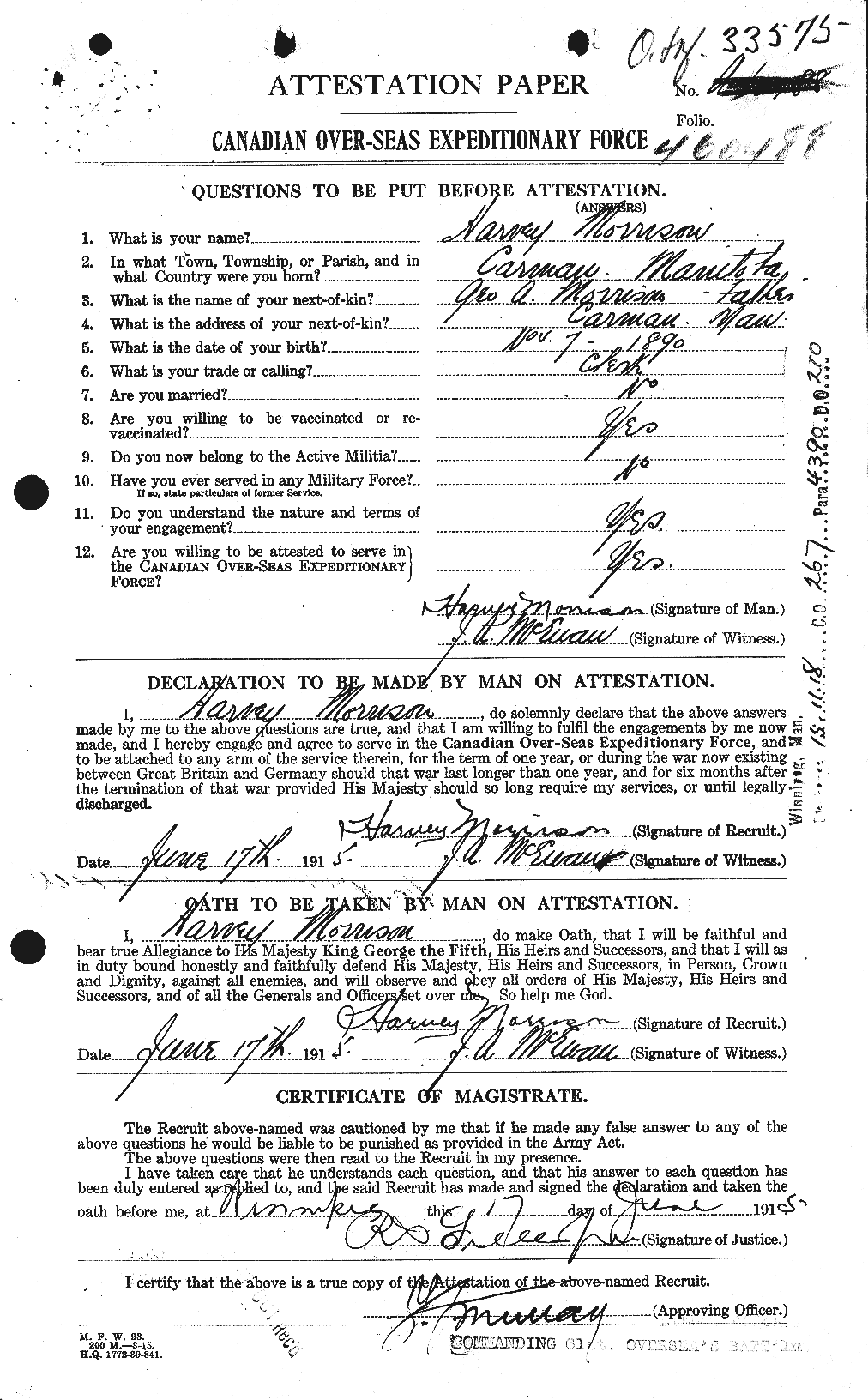 Dossiers du Personnel de la Première Guerre mondiale - CEC 506852a