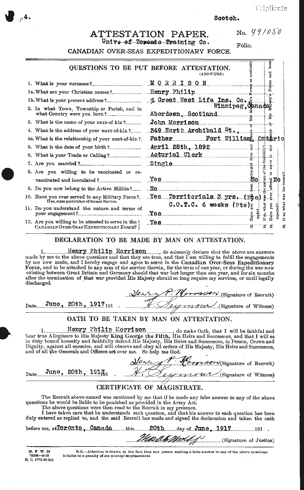 Dossiers du Personnel de la Première Guerre mondiale - CEC 506864a