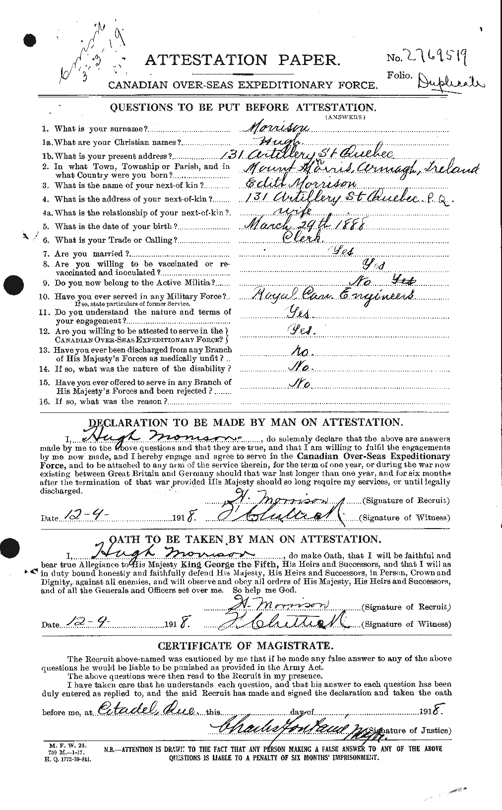 Dossiers du Personnel de la Première Guerre mondiale - CEC 506871a