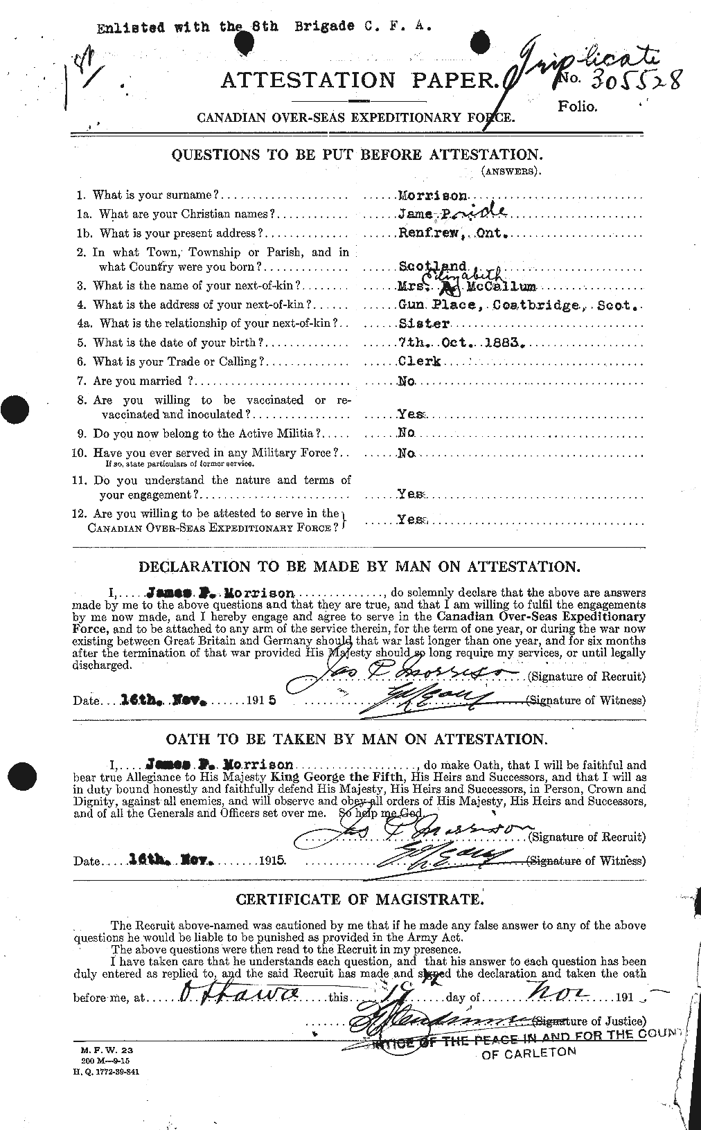 Dossiers du Personnel de la Première Guerre mondiale - CEC 506946a